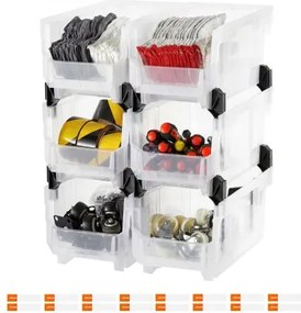 VEVOR stapeldozen, 377 x 215 x 180 mm (6-pack), transparante opbergdozen voor het organiseren en opslaan van spullen, transparante opbergdoos voor kasten, garages, kleine onderdelen, kantoorbenodigdheden en andere accessoires