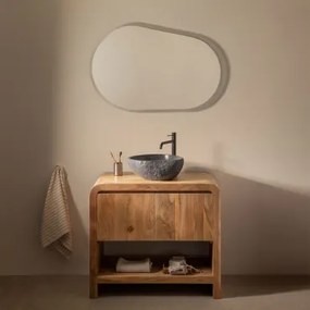 Vacry Houten Badkamermeubelset Acacia Bruin & Ovaal Led En Anticondens 100x80 Cm Riben & Mat Zwart ↑30 Cm Met Afvoerkraan Zonder Overloop Orveta & &#x