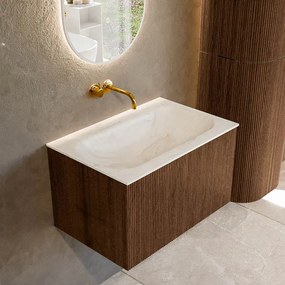 Mondiaz Kurve-dlux 70cm badmeubel walnut met 1 lade en wastafel big small midden zonder kraangat ostra