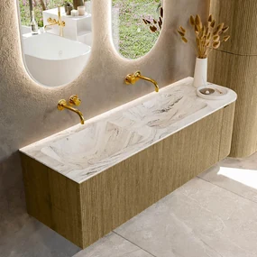 Mondiaz Kurve-dlux 145cm badmeubel ronding rechts dusk met 1 lade en deur en wastafel leaf dubbel/links zonder kraangat glace