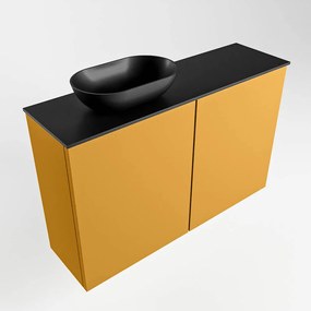 Mondiaz Fowy toiletmeubel 80cm ocher met zwarte waskom links en kraangat