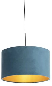 Stoffen Hanglamp met velours kap blauw met goud 35 cm - Combi Klassiek / Antiek E27 cilinder / rond rond Binnenverlichting Lamp