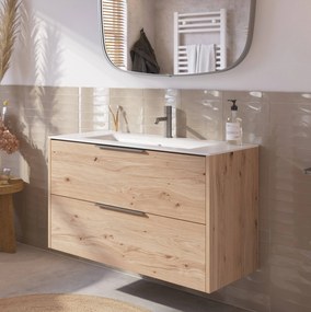 Saqu Lima voorgemonteerd badmeubel met rvs greep incl. matte keramische wastafel 101x46cm naturel eiken