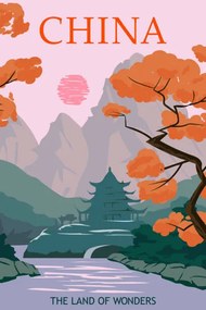 Ilustratie China vintage poster autumn landscape mountains, VectorUp