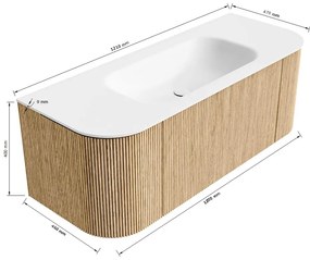 Mondiaz Kurve 120cm badmeubel ronding links/rechts oak met 1 lade en 2 deuren en wastafel big small midden 1 kraangat