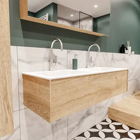 Lush onderkast 120cm in kleur WASHED OAK met 1 lade Push tot open  geschikt voor dubbele wastafel. Compleet met solid surface wastafel cloud M35165met 2 kraangat(en)