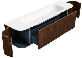Mondiaz Kurve 170cm badmeubel ronding links/rechts walnut met 1 lade en 2 deuren en wastafel big large midden 1 kraangat