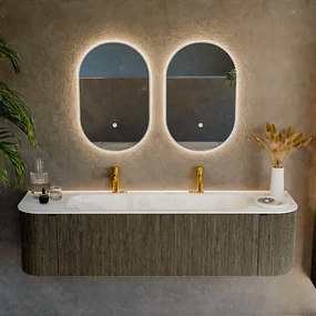 Mondiaz Kurve-dlux 170cm badmeubel ronding links/rechts shadow met 1 lade en 2 deuren en wastafel big large midden 2 kraangaten opalo
