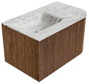 Mondiaz Kurve-dlux 75cm badmeubel ronding rechts walnut met 1 lade en deur en wastafel grunne links zonder kraangat glace