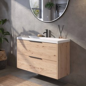 Saqu Lima ondiep badmeubel incl. glans witte wastafel 100x40x64cm naturel eiken – mat zwarte greep