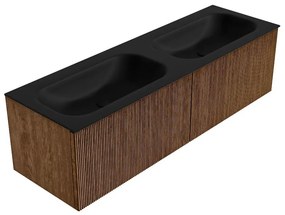 Mondiaz Kurve 150cm badmeubel walnut met 2 lades en wastafel big small dubbel 2 kraangaten urban