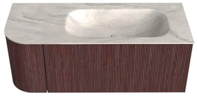 Mondiaz Kurve-dlux 115cm badmeubel ronding links ruby met 1 lade en deur en wastafel big small rechts zonder kraangat ostra