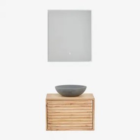 Deleyna Wandgemonteerde Houten Badkamermeubelset Natuurlijk Hout & Rond Grijs Cement Ø40 Cm Tarsis & Rechthoekige Led En Anticondens 60x70 Cm - Sklum