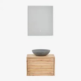 Hangend Badkamermeubelset 60x45 Cm In Hout Deleyna Natuurlijk Hout & Rond Grijs Cement Ø40 Cm Tarsis & Rechthoekige Led En Anticondens 60x70 Cm Riben