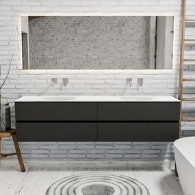 Zaro Sevilla Solid Surface badmeubel 200cm mat antraciet zonder kraangat dubbele spoelbak met 4 lades