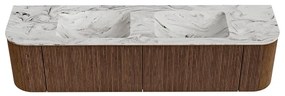 Mondiaz Kurve-dlux 180cm badmeubel ronding links/rechts walnut met 2 lades en deuren en wastafel leaf dubbel zonder kraangat glace