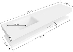 Zaro Alan badmeubel 190cm met planchet urban en vrijhangende wastafel cloud links zonder kraangat talc