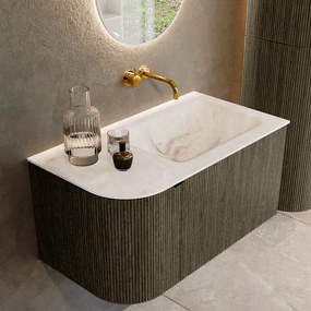 Mondiaz Kurve-dlux 85cm badmeubel ronding links shadow met 1 lade en deur en wastafel cloud rechts zonder kraangat frappe
