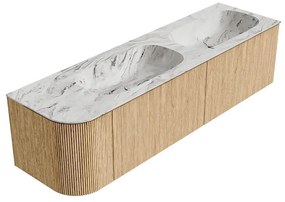 Mondiaz Kurve-dlux 165cm badmeubel ronding links oak met 2 lades en 1 deur en wastafel stor small dubbel/rechts zonder kraangat glace