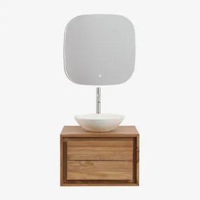 Jabari Teakhouten Badkamermeubelset Teakhout & Rond Cement Wit Ø40 Cm Zavion & Vierkant Led En Anticondens 75x75 Cm Tobie & Geborsteld - Sklum