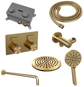 Brauer Gold Carving thermostatische inbouw regendouche met 3 standen handdouche, gebogen muurarm en hoofddouche 20cm set 57 messing geborsteld PVD