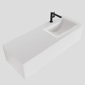 Zaro Lagom volledig naadloos solid surface onderkast 120cm mat wit met 1 lade Push tot open. Compleet met solid surface wastafel met 1 kraangat(en)