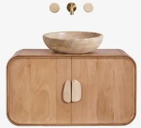 Hangend Badkamermeubelset 95x45 Cm Van Mangohout En Natuurlijke Kivalina-steen Travertijn - Mangohout & Ronde Travertijn Ø40 Cm Eskel & Spiegelloze -