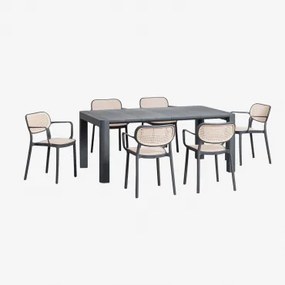 Arnadine Rechthoekige Tafelset (180x100 Cm) En 6 Stapelbare Eetkamerstoelen Met Omara Armleuningen Grijs – Grafiet - Sklum
