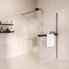 Saniclear Metric inloopdouche 100cm met handdoekhouder en ribbelglas zwart mat