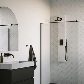 BRAUER Black Edition Thermostatisch Douchepaneel - 2 functies - calacatta gold - SET 01 - 20cm hoofddouche - gebogen muurarm - staaf handdouche - wandaansluitbocht - doucheslang - zwart mat 5-S-154