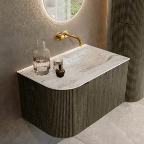 Mondiaz Kurve-dlux 75cm badmeubel ronding links shadow met 1 lade en deur en wastafel grunne rechts zonder kraangat glace
