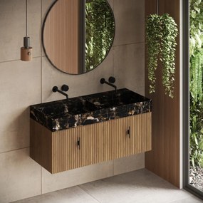 Muebles Zahora badmeubel ribbelfront 120cm eiken met Portoro Gold wastafel zonder kraangaten