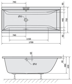 Polysan Cleo ligbad 170x75x48cm donkergrijs
