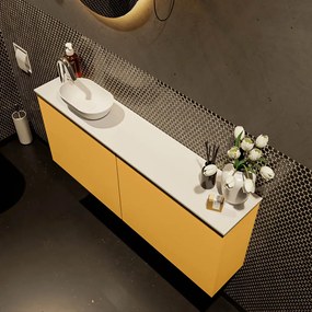 Mondiaz Fowy toiletmeubel 120cm ocher met witte waskom links en kraangat