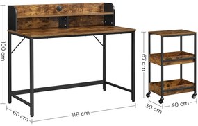 Nancy's Hibbing Kantoorset - Bureau - Rolwagen Met 3 Lagen - Monitorstandaard - Kabelmanagement - Staal - Bruin - Zwart - Industrieel