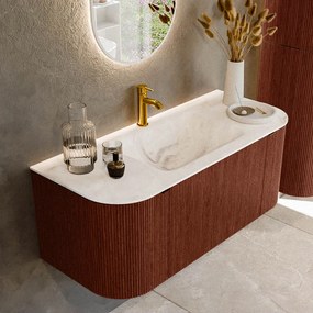 Mondiaz Kurve-dlux 110cm badmeubel ronding links/rechts ruby met 1 lade en 2 deuren en wastafel cloud midden 1 kraangat frappe