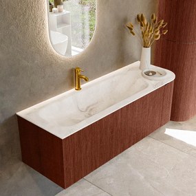 Mondiaz Kurve-dlux 135cm badmeubel ronding rechts ruby met 1 lade en deur en wastafel big medium kraangat links frappe