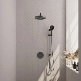 Brauer Stripe inbouw regendouche rond met 25cm hoofddouche, rond met rechte muurarm, glijstang en 3 standen handdouche set 46 gunmetal geborsteld PVD