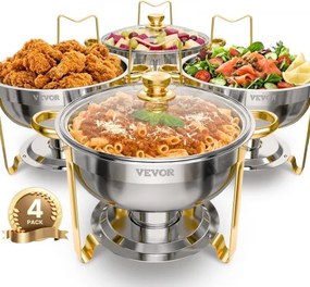 VEVOR Chafing Dish Buffet Food Warmer met 4 grote containers (4,7 L), ronde catering warmtedispenser met glazen deksel, waterpan en opvouwbare standaard, voor bruiloftsbuffet Goud