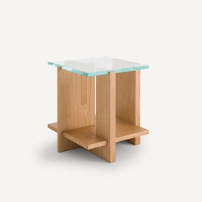 Bijzettafel van gefineerd eiken en gehard glas, Laby