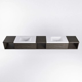 Mondiaz Bukla 280cm badmeubel met open module 40 L+M+R Dark Brown met 2 lades wastafel Cloud dubbel 0 kraangaten Talc