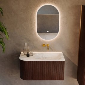 Mondiaz Kurve-dlux 85cm badmeubel ronding links ruby met 1 lade en deur en wastafel cloud rechts zonder kraangat opalo