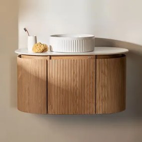 Carsone Houten Badkamermeubelset Natuurlijk Hout & Zonder Extra Eenheid & Ovaal Keramisch Wit Strepen ↔︎40 Cm Sinqua & Spiegelloze & Zonder Kraan -