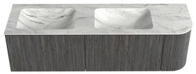 Mondiaz Kurve-dlux 155cm badmeubel ronding rechts shadow met 2 lades en 1 deur en wastafel leaf dubbel/links zonder kraangat opalo
