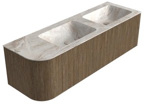 Mondiaz Kurve-dlux 145cm badmeubel ronding links dusk met 1 lade en deur en wastafel leaf dubbel/rechts zonder kraangat frappe
