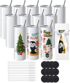 VEVOR 12-pack rechte sublimatiebekers, 20 oz lege bekers, roestvrijstalen bekers met dubbele wand, rietje, deksel, borstel, bodem, krimpfolie, geschenkdoos, voor hittepers en hitteoverdracht