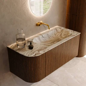 Mondiaz Kurve-dlux 105cm badmeubel ronding links dusk met 1 lade en deur en wastafel big small rechts zonder kraangat glace