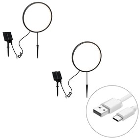 Buitenlamp Set van 2 prikspots zwart 60cm incl. LED oplaadbaar en solar IP65 - Adalind Design IP65 Buitenverlichting rond