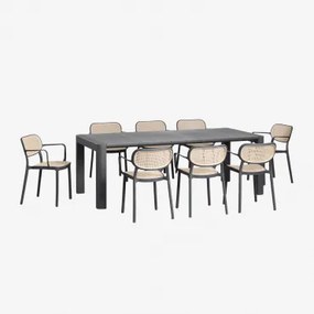 Rechthoekige 220x100 Cm Arnadine Tafelset En 8 Stapelbare Tuinstoelen Met Armleuningen Van Polypropyleen Omara Grijs – Grafiet - Sklum