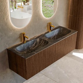 Mondiaz Kurve-dlux 140cm badmeubel walnut met 2 lades en wastafel stor small dubbel 2 kraangaten lava